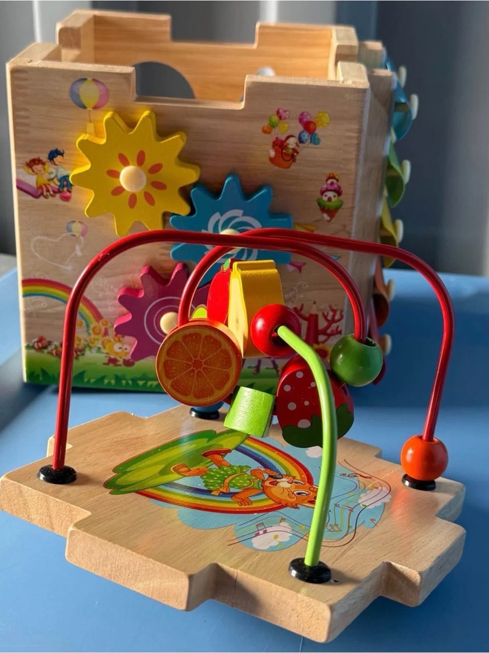 Wooden Activity Cube with Yellow, Blue, and Pink Gears - Kids Toys